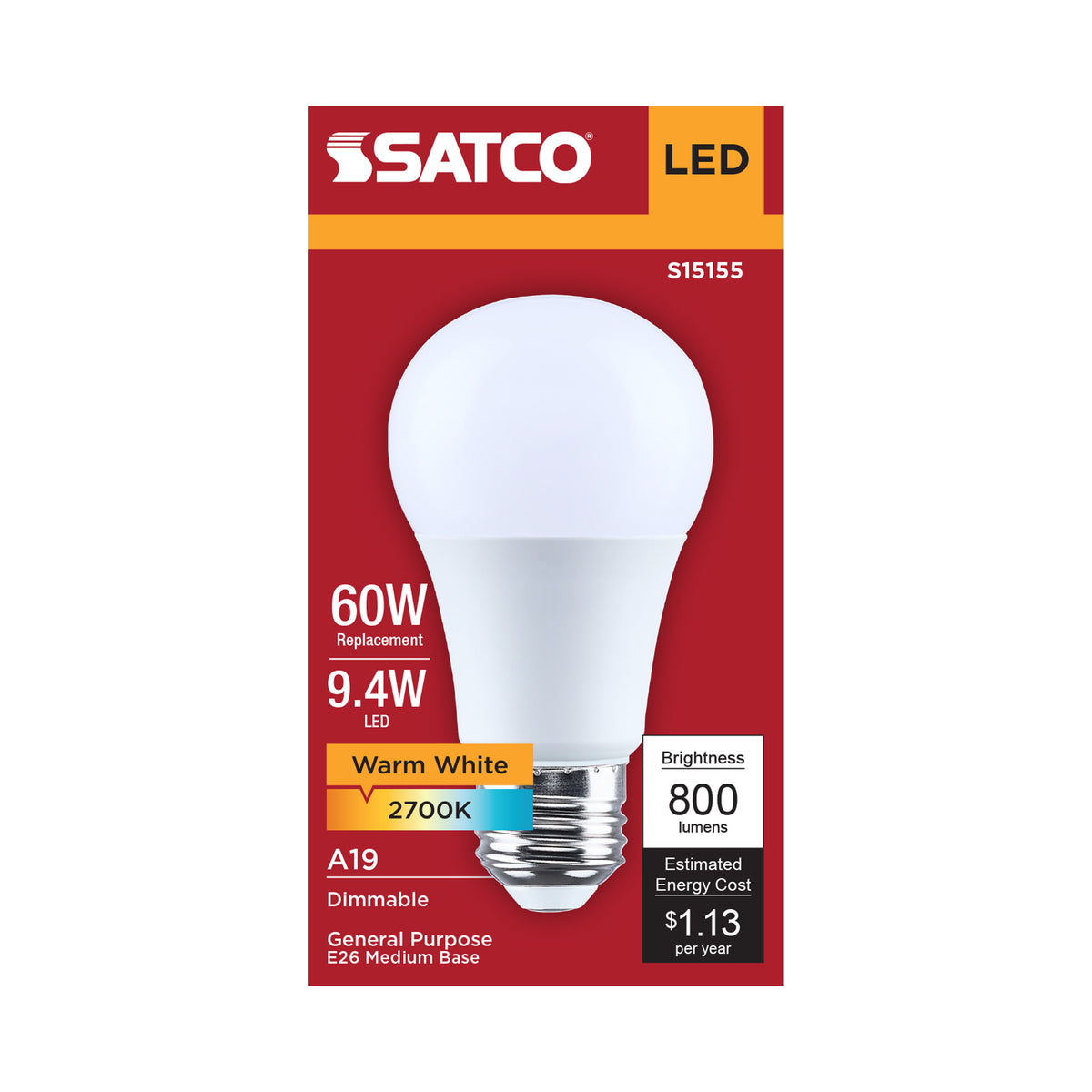 9.4 Watt A19 LED - 2700K CCT - 90 CRI - Medium Base - Plastic - Dimmable - 120 Volt