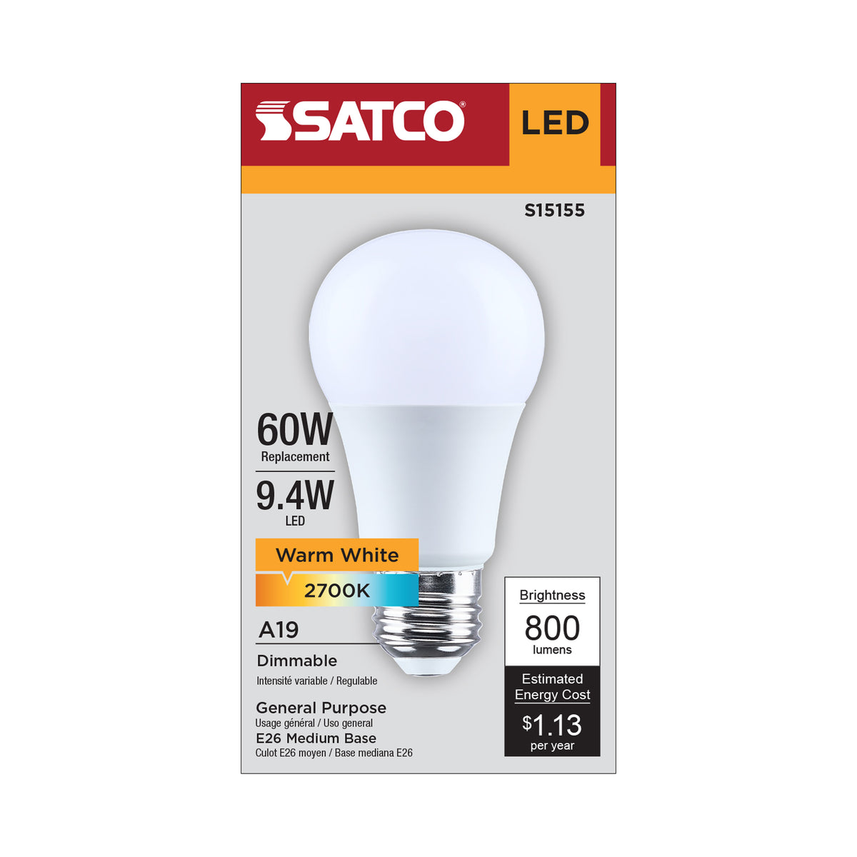 9.4 Watt A19 LED - 2700K CCT - 90 CRI - Medium Base - Plastic - Dimmable - 120 Volt