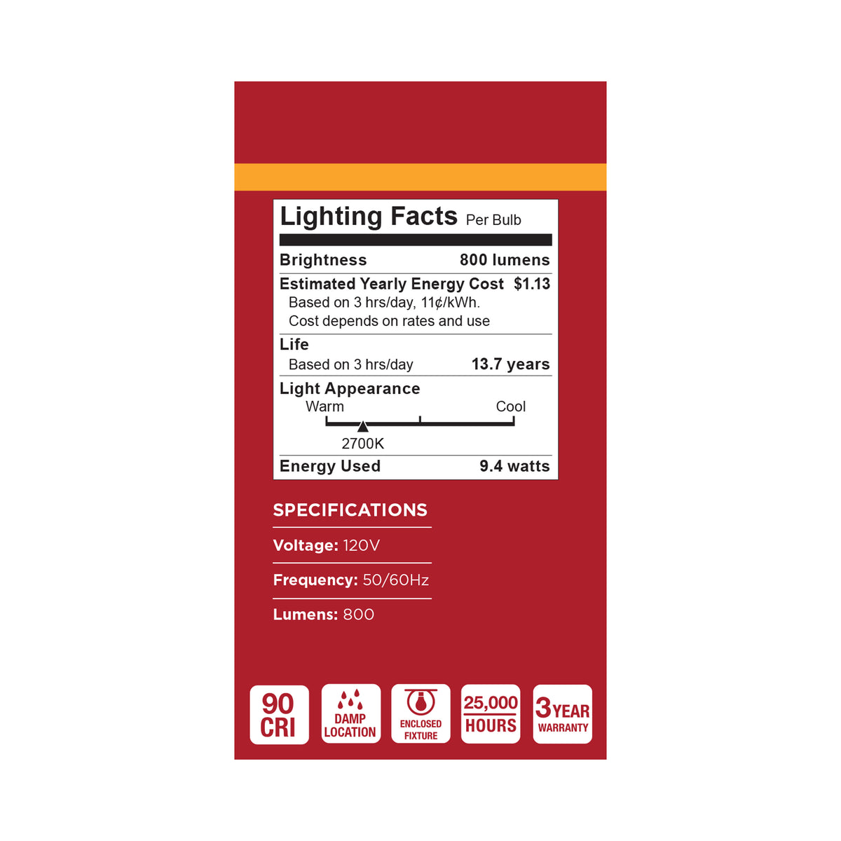 9.4 Watt A19 LED - 2700K CCT - 90 CRI - Medium Base - Plastic - Dimmable - 120 Volt
