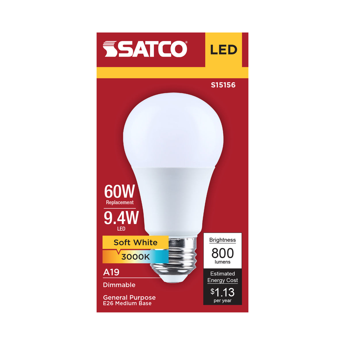 9.4 Watt A19 LED - 3000K CCT - 90 CRI - Medium Base - Plastic - Dimmable - 120 Volt