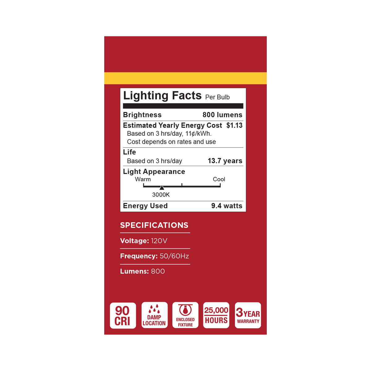9.4 Watt A19 LED - 3000K CCT - 90 CRI - Medium Base - Plastic - Dimmable - 120 Volt