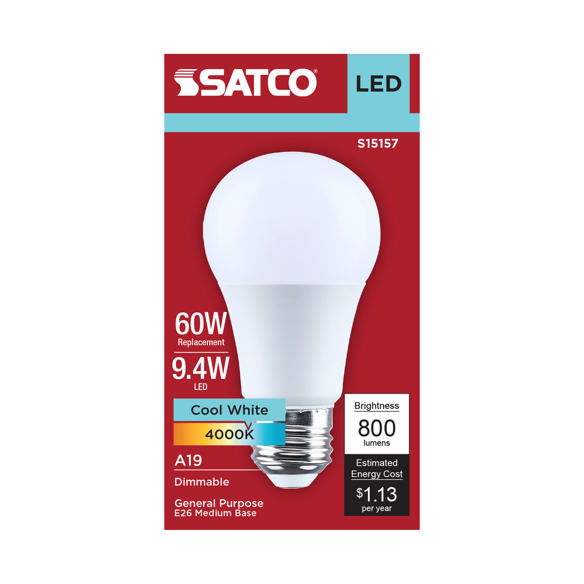 9.4 Watt A19 LED - 4000K CCT - 90 CRI - Medium Base - Plastic - Dimmable - 120 Volt