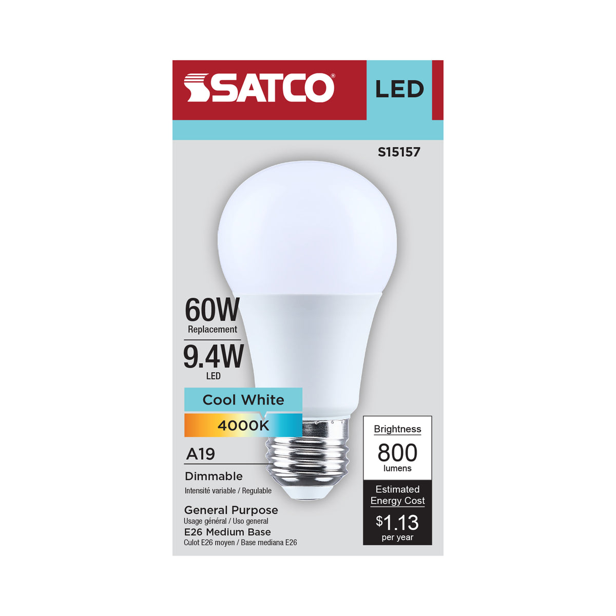 9.4 Watt A19 LED - 4000K CCT - 90 CRI - Medium Base - Plastic - Dimmable - 120 Volt