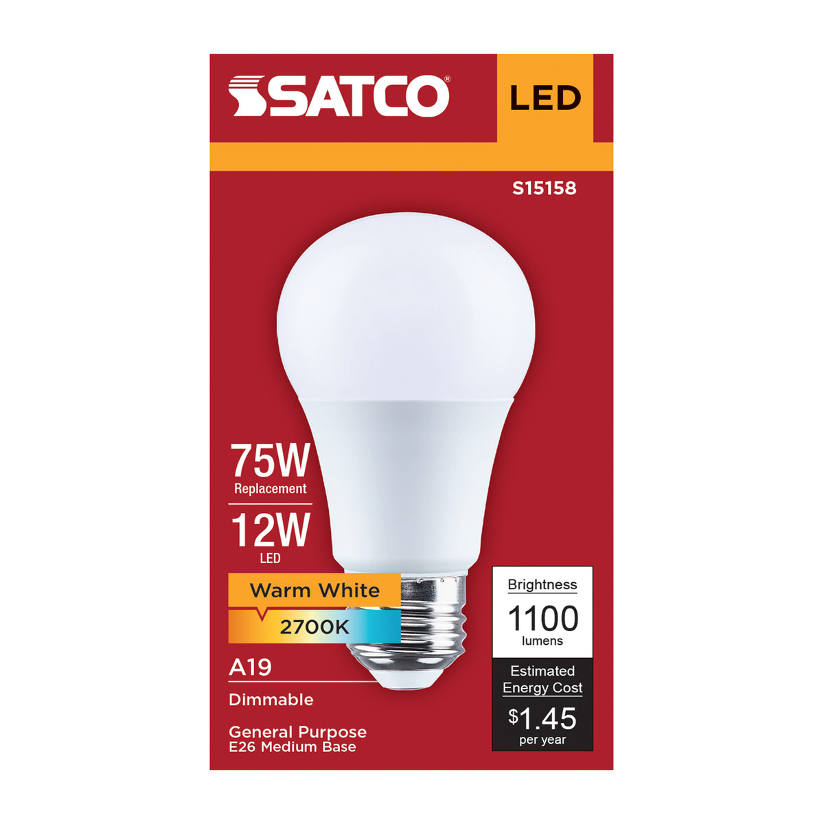 12 Watt A19 LED - 2700K CCT - 80 CRI - Medium Base - Plastic - Dimmable - 120 Volt