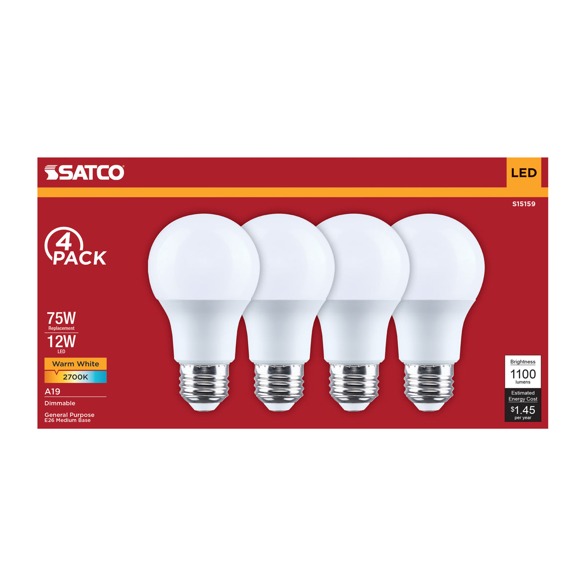 12 Watt A19 LED - 2700K CCT - 80 CRI - Medium Base - Plastic - Dimmable - 120 Volt - 4-Pack