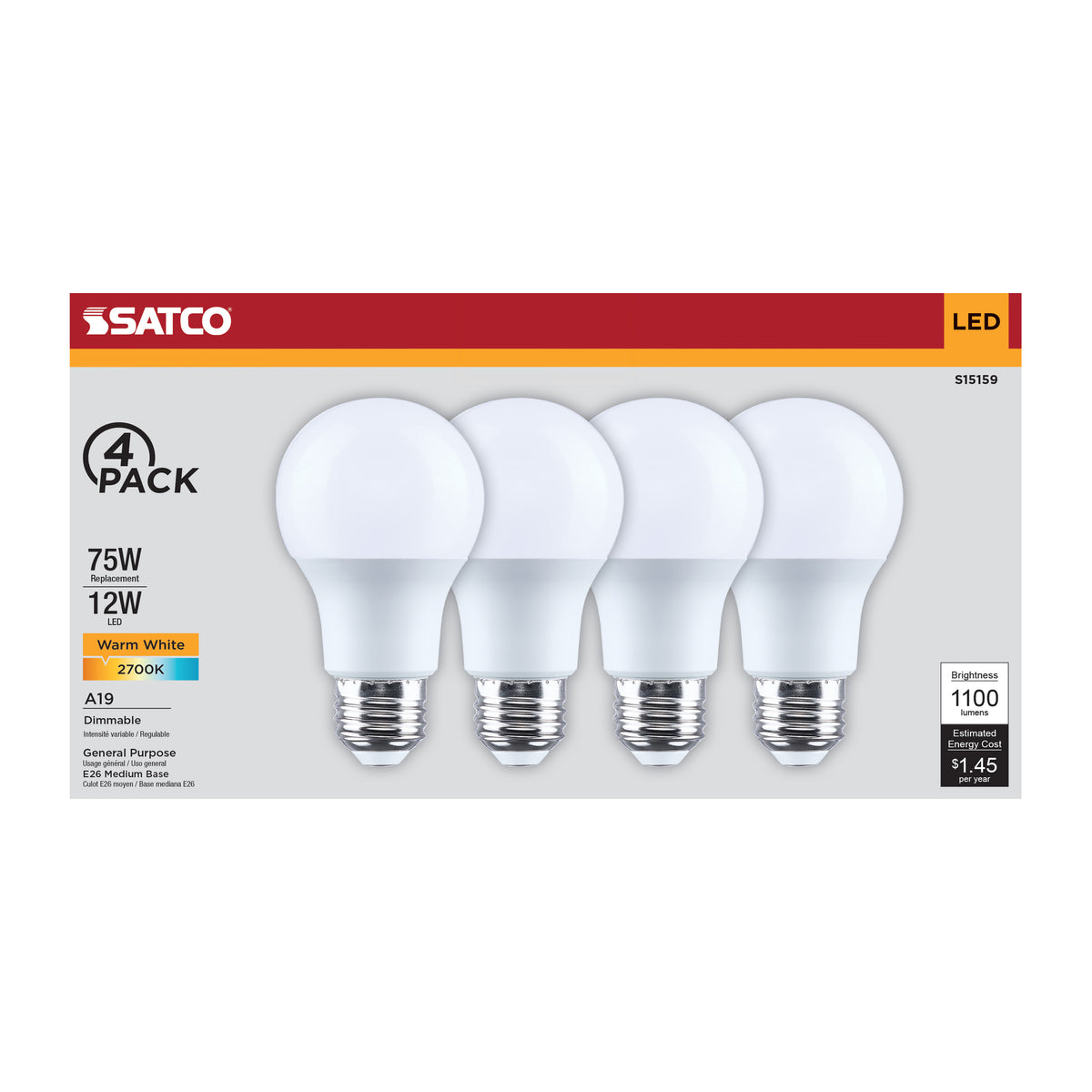 12 Watt A19 LED - 2700K CCT - 80 CRI - Medium Base - Plastic - Dimmable - 120 Volt - 4-Pack