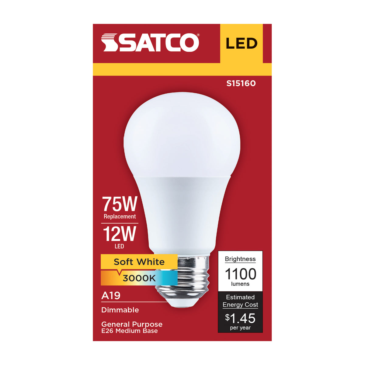 12 Watt A19 LED - 3000K CCT - 80 CRI - Medium Base - Plastic - Dimmable - 120 Volt