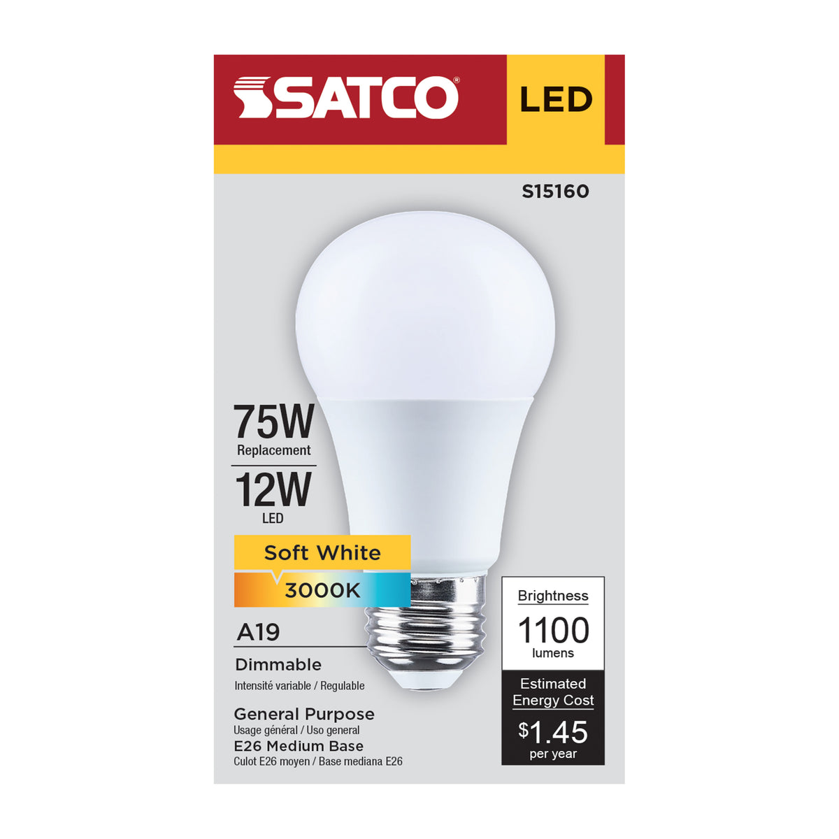 12 Watt A19 LED - 3000K CCT - 80 CRI - Medium Base - Plastic - Dimmable - 120 Volt