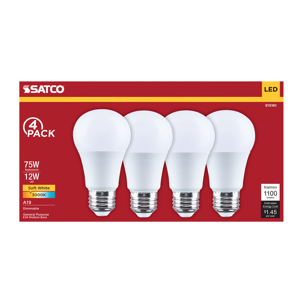12 Watt A19 LED - 3000K CCT - 80 CRI - Medium Base - Plastic - Dimmable - 120 Volt - 4-Pack