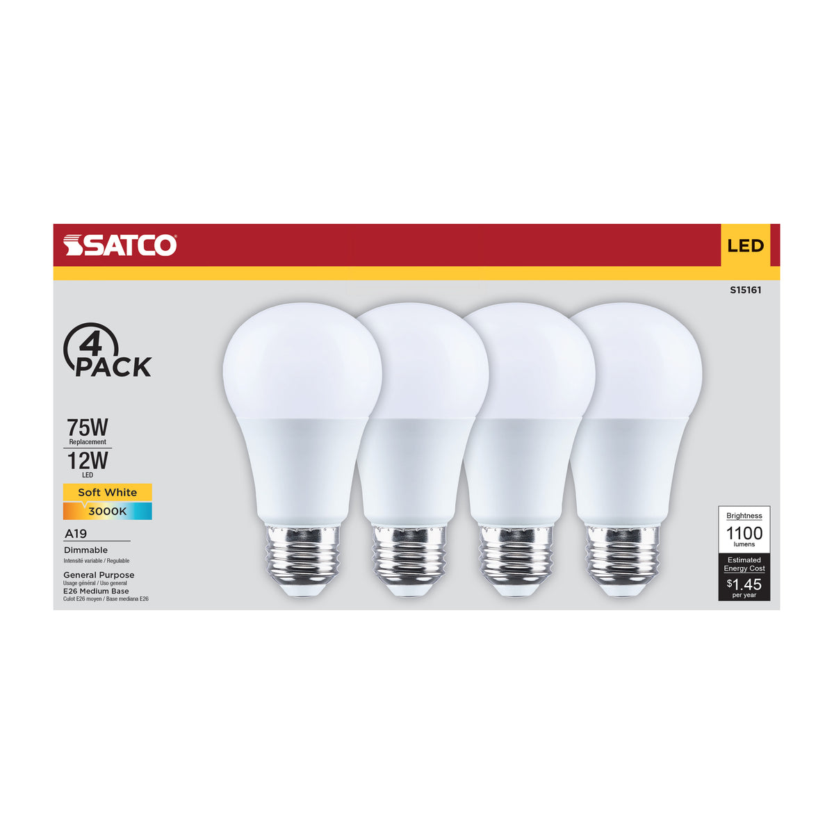 12 Watt A19 LED - 3000K CCT - 80 CRI - Medium Base - Plastic - Dimmable - 120 Volt - 4-Pack