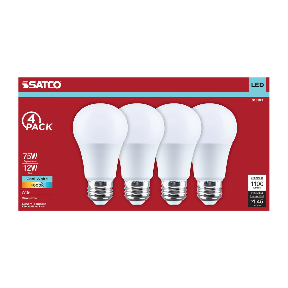 12 Watt A19 LED - 4000K CCT - 80 CRI - Medium Base - Plastic - Dimmable - 120 Volt - 4-Pack