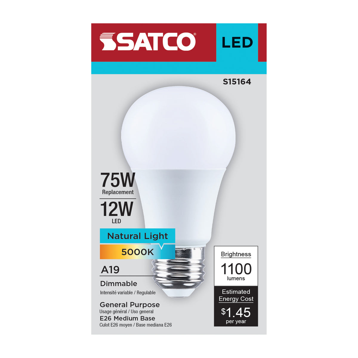 12 Watt A19 LED - 5000K CCT - 80 CRI - Medium Base - Plastic - Dimmable - 120 Volt