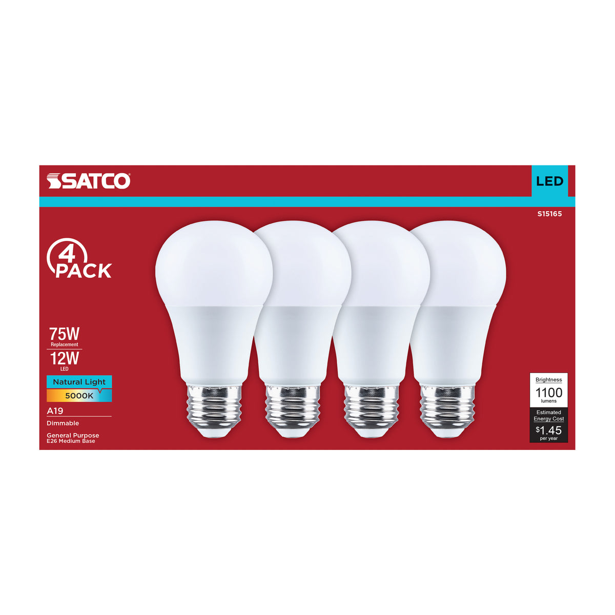 12 Watt A19 LED - 5000K CCT - 80 CRI - Medium Base - Plastic - Dimmable - 120 Volt - 4-Pack
