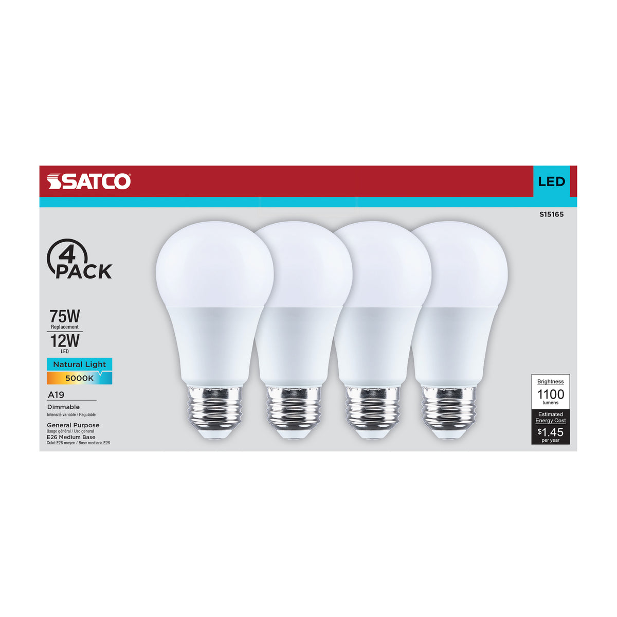 12 Watt A19 LED - 5000K CCT - 80 CRI - Medium Base - Plastic - Dimmable - 120 Volt - 4-Pack