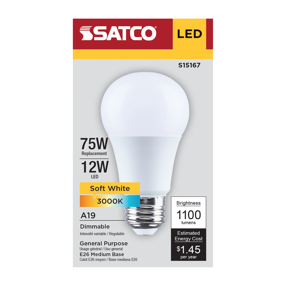 12 Watt A19 LED - 3000K CCT - 90 CRI - Medium Base - Plastic - Dimmable - 120 Volt