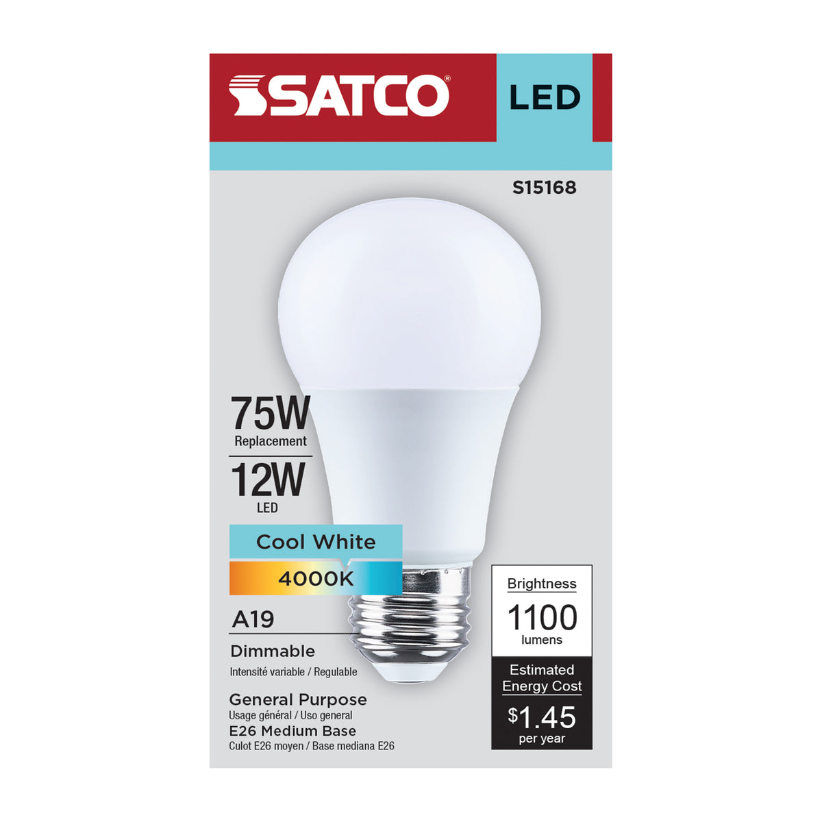 12 Watt A19 LED - 4000K CCT - 90 CRI - Medium Base - Plastic - Dimmable - 120 Volt
