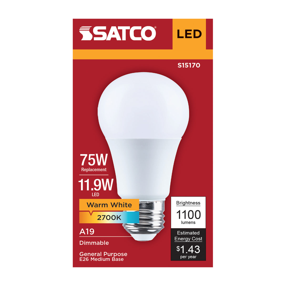 11.9 Watt A19 LED - 2700K CCT - 90 CRI - Medium Base - Plastic - Dimmable - 120 Volt