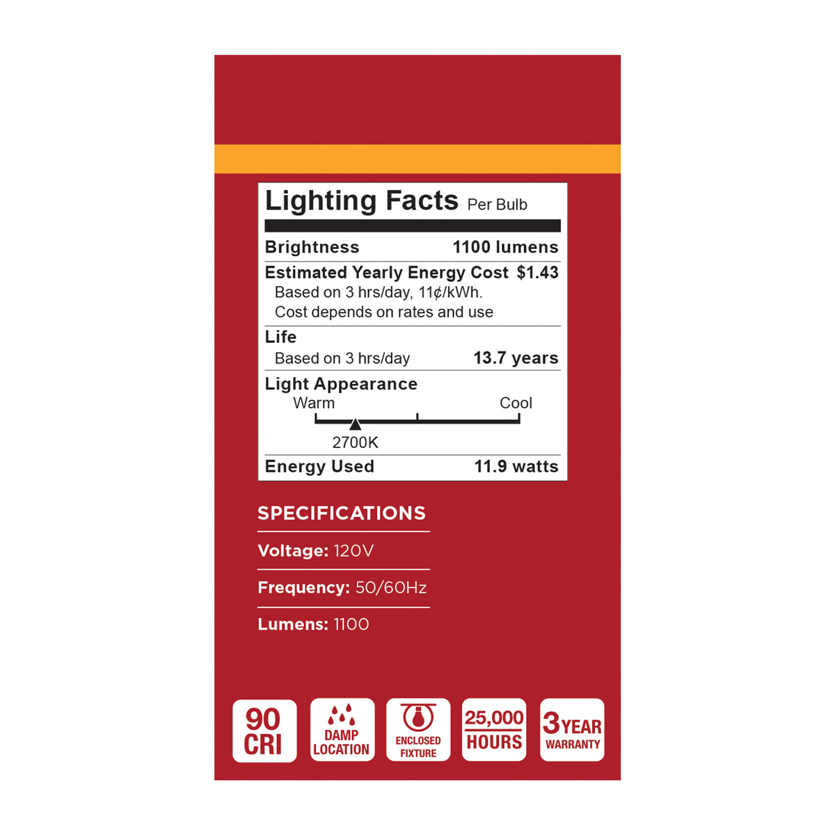 11.9 Watt A19 LED - 2700K CCT - 90 CRI - Medium Base - Plastic - Dimmable - 120 Volt