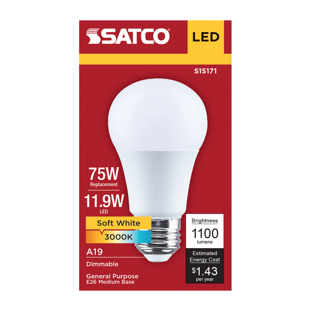 11.9 Watt A19 LED - 3000K CCT - 90 CRI - Medium Base - Plastic - Dimmable - 120 Volt