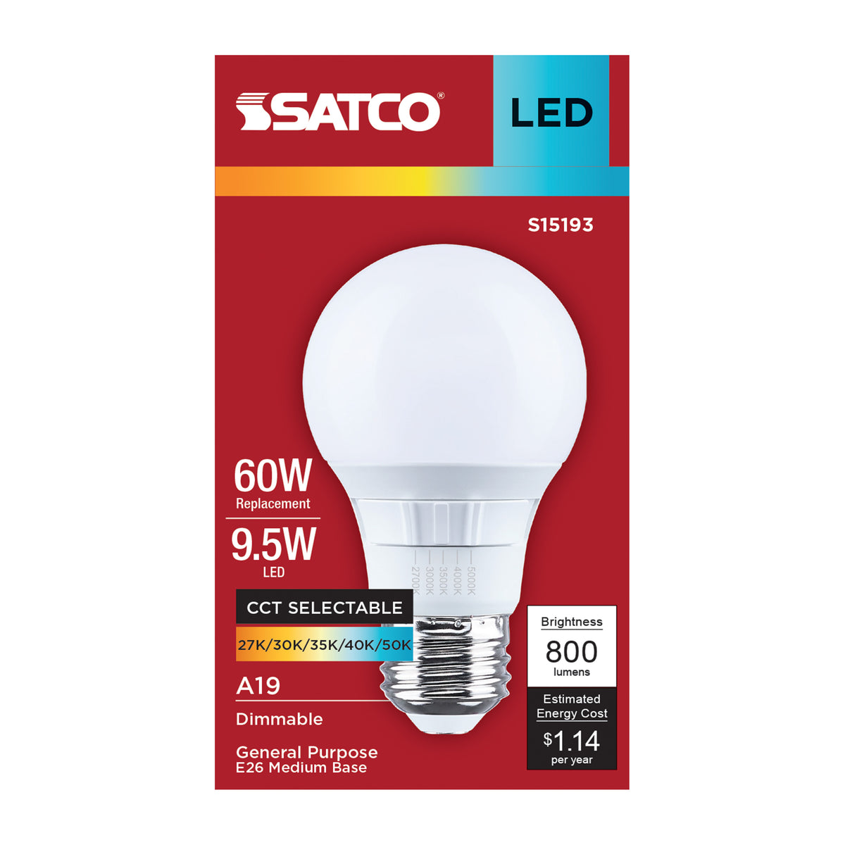 9.5 Watt A19 LED - 27K/30K/35K/40K/50K CCT - 90 CRI - Medium Base - Plastic - Dimmable - 120 Volt