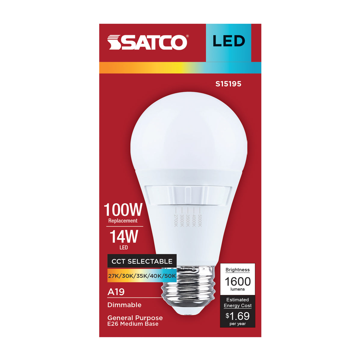 14 Watt A19 LED - 27K/30K/35K/40K/50K CCT - 90 CRI - Medium Base - Plastic - Dimmable - 120 Volt