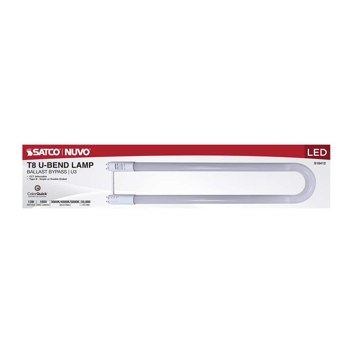 13 Watt T8 U-BEND LED - 50000 Hours - Medium Bi Pin Base - CCT Selectable - Type B - White Finish - 120-277 Volt