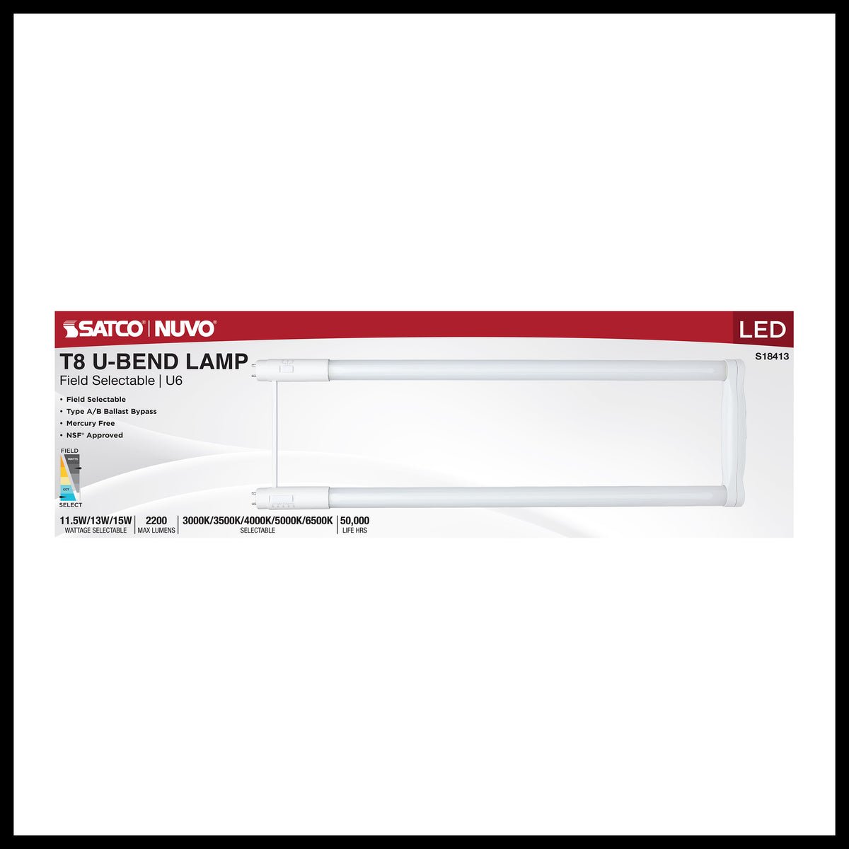 11.5/13/15 Wattage Selectable T8 U-Bend LED - 30K/35K/40K/50K/65K CCT Selectable - 6-Inch - Frost Finish - 120-277 Range Voltage