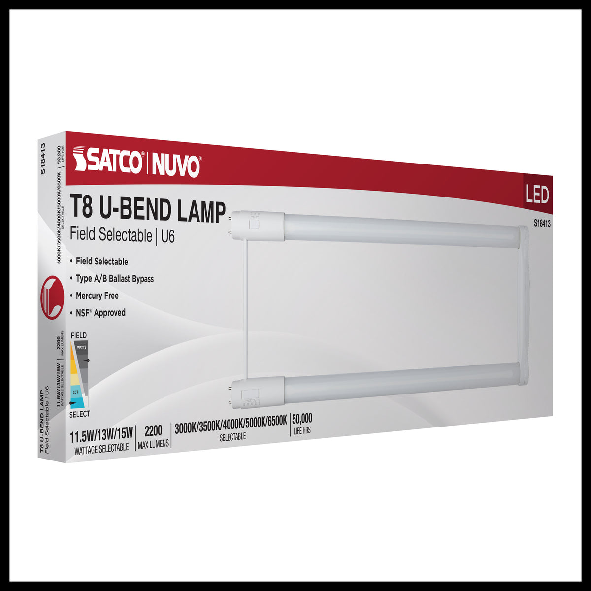 11.5/13/15 Wattage Selectable T8 U-Bend LED - 30K/35K/40K/50K/65K CCT Selectable - 6-Inch - Frost Finish - 120-277 Range Voltage