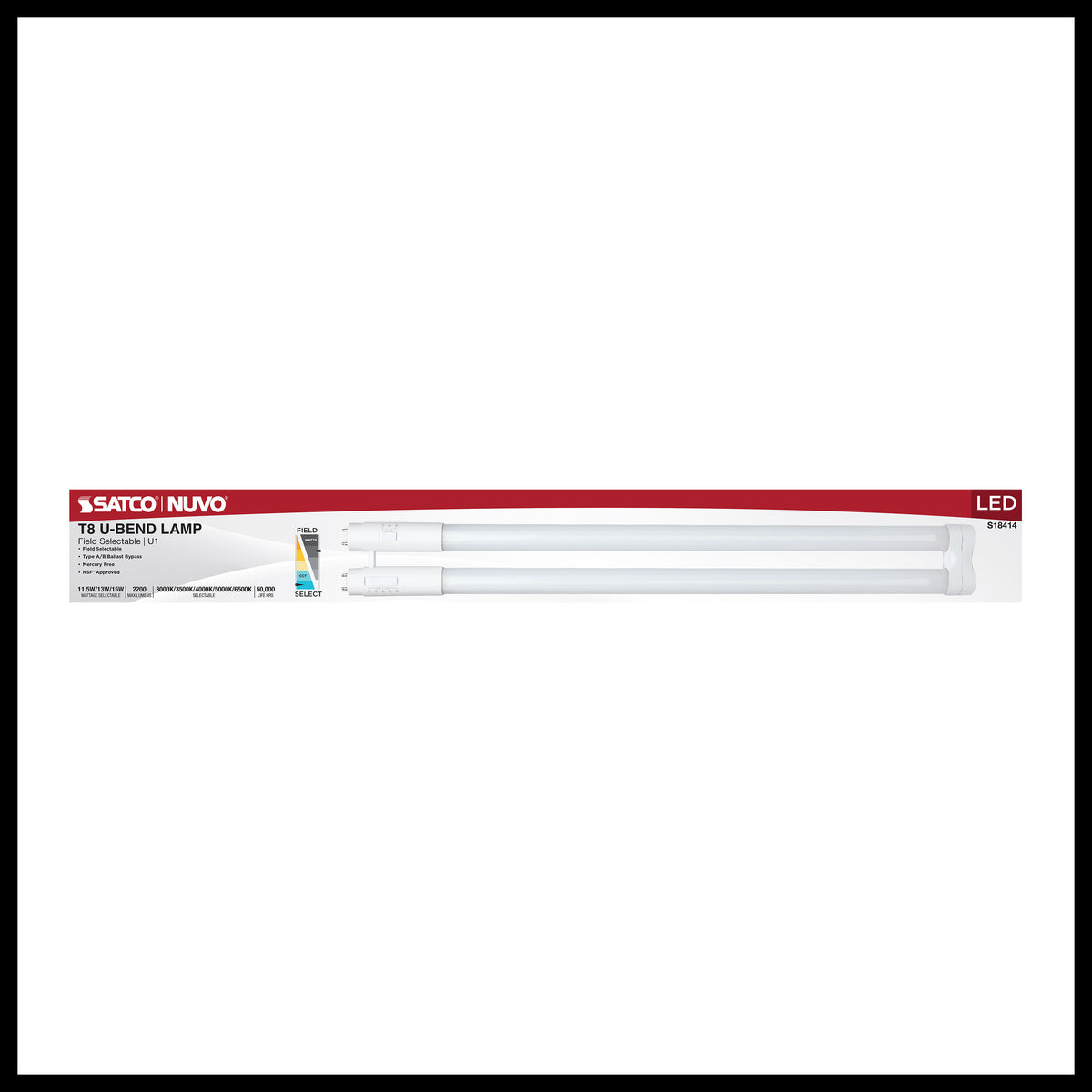 11.5/13/15 Wattage Selectable T8 U-Bend LED - 30K/35K/40K/50K/65K CCT Selectable - 1-Inch - Frost Finish - 120-277 Range Voltage