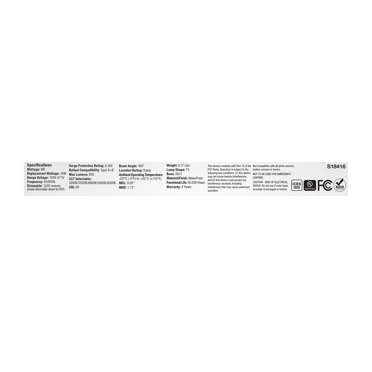 8 Watt PLL LED - 2G11 Base - 30K/35K/40K/50K/65K CCT Selectable - Type A/B - 120-277 Volt