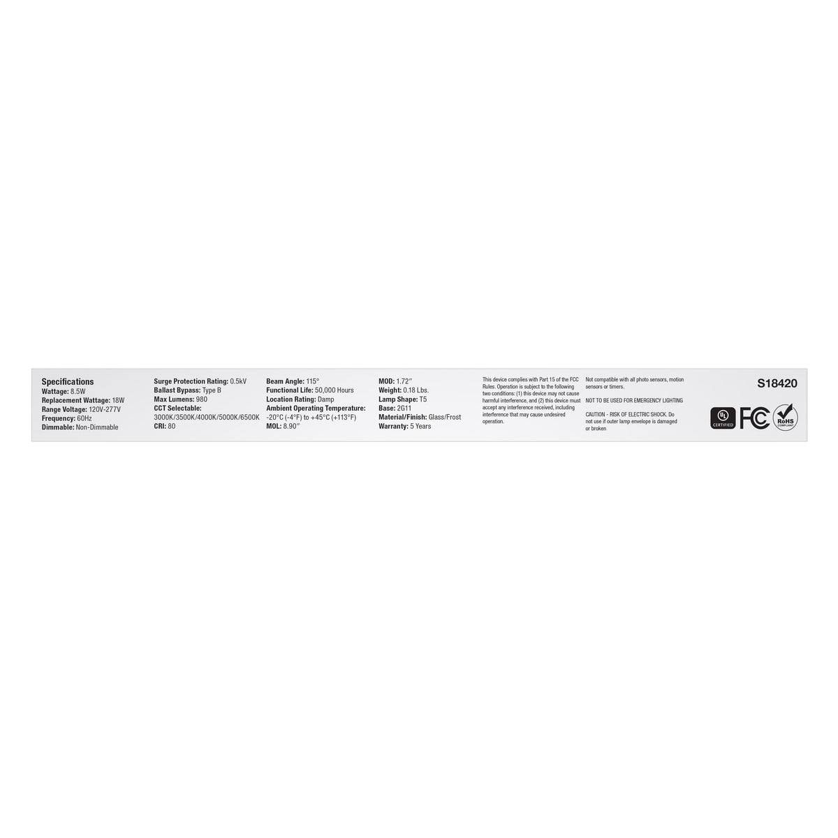 8.5 Watt PLL LED - 2G11 Base - 30K/35K/40K/50K/65K CCT Selectable - Ballast Bypass - 120-277 Volt