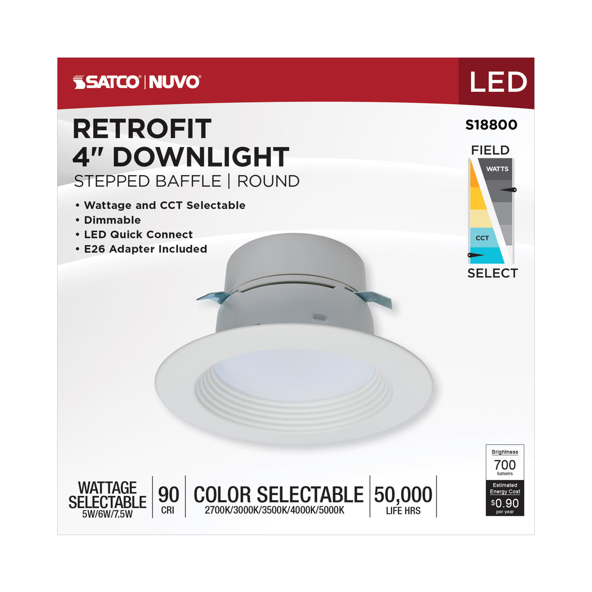 LED Retrofit Downlight - 5/6/7.5 Wattage Selectable - CCT and Lumens Selectable - 120 Volt - ColorQuick and PowerQuick Technology - Round - White Finish