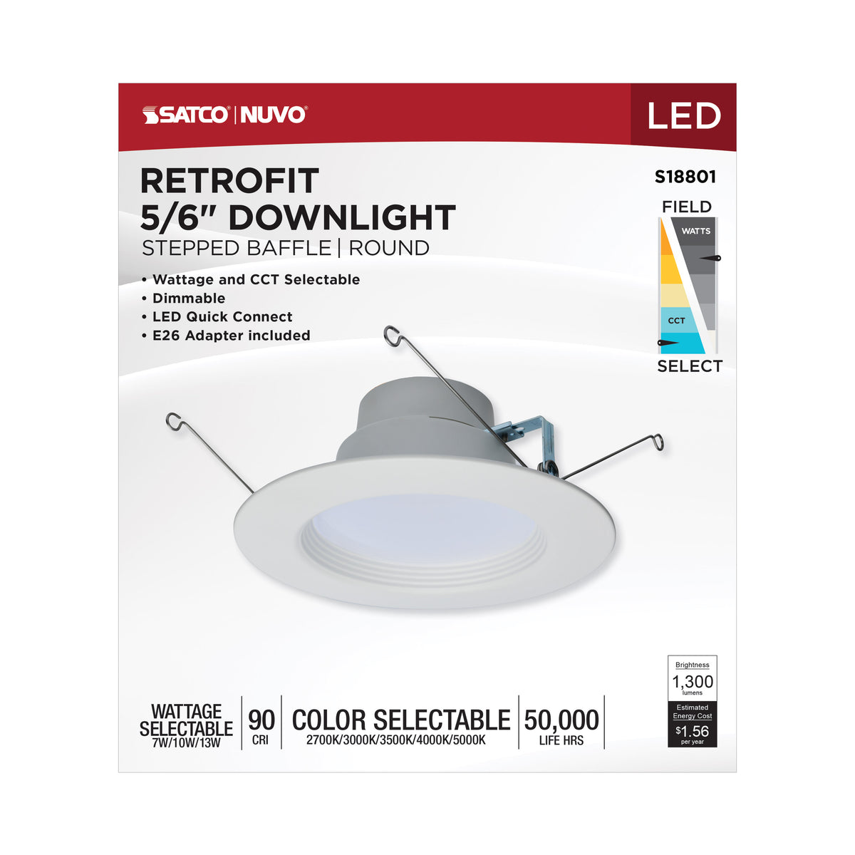 LED Retrofit Downlight - 7/10/13 Wattage Selectable - CCT and Lumens Selectable - 120 Volt - ColorQuick and PowerQuick Technology - Round White Finish