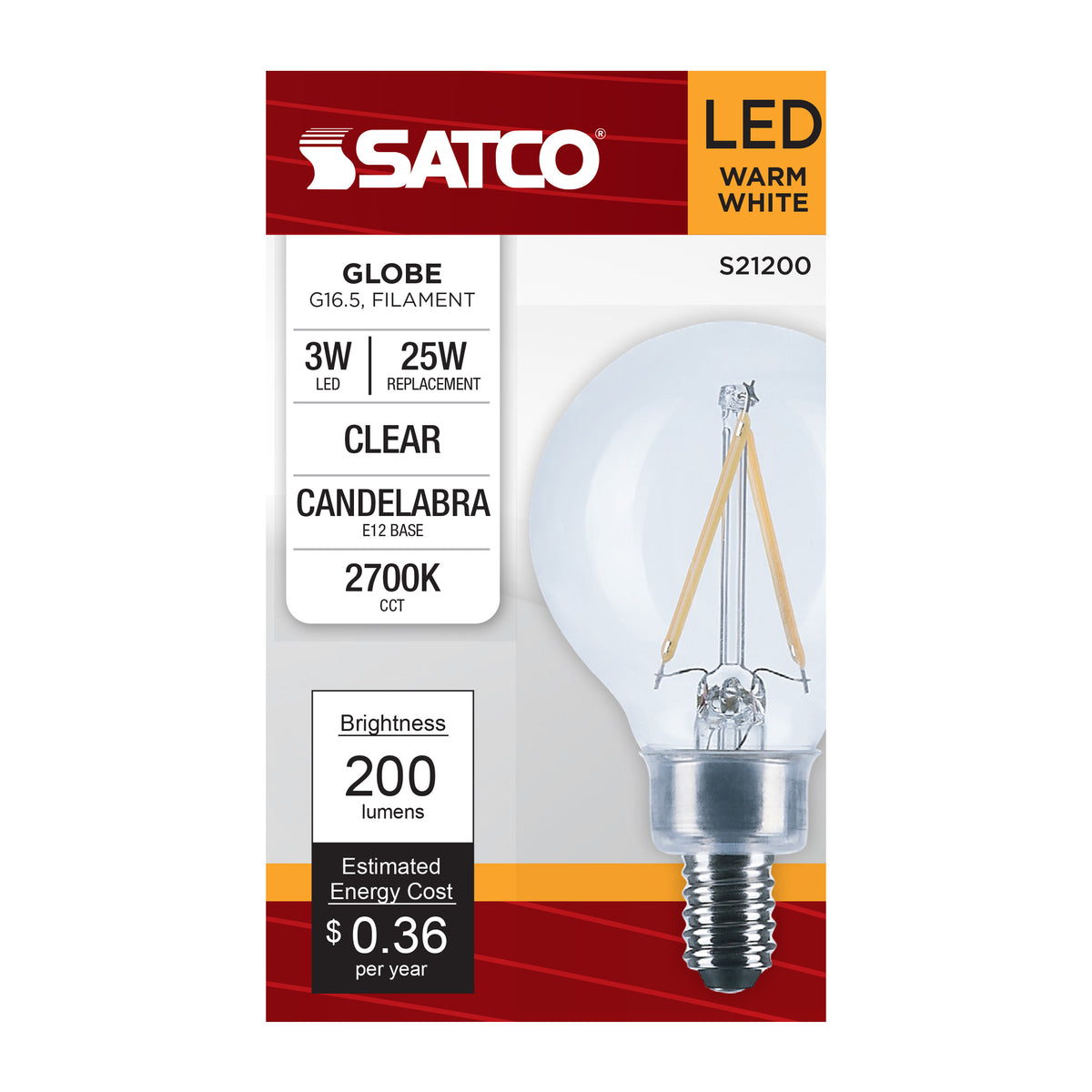 3 Watt G16.5 LED Filament - Clear - Candelabra base - 90 CRI - 2700K - 120 Volt