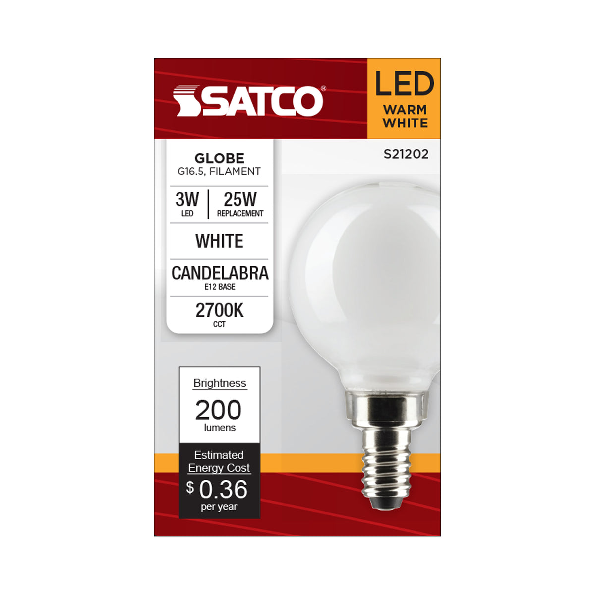 3 Watt G16.5 LED Filament - White - Candelabra base - 90 CRI - 2700K - 120 Volt