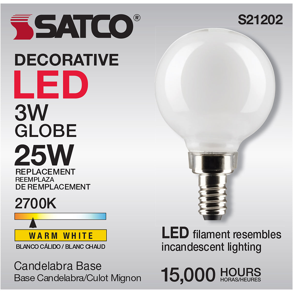 3 Watt G16.5 LED Filament - White - Candelabra base - 90 CRI - 2700K - 120 Volt