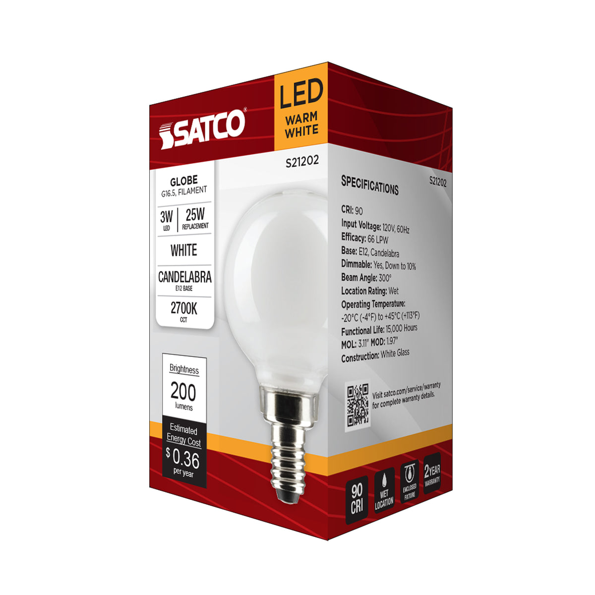 3 Watt G16.5 LED Filament - White - Candelabra base - 90 CRI - 2700K - 120 Volt