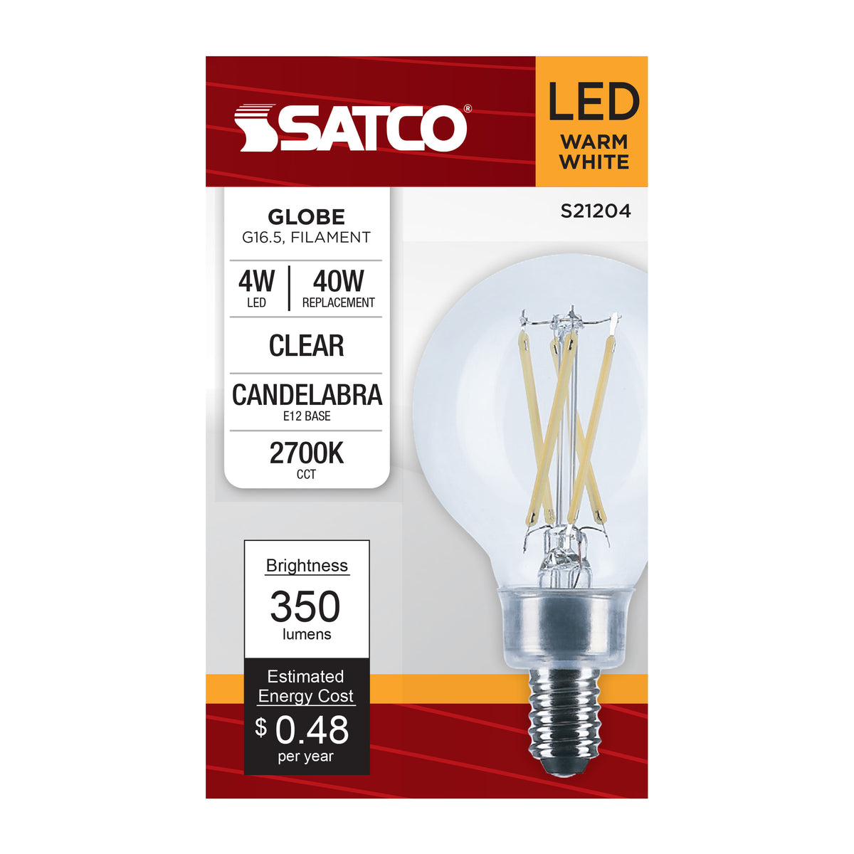 4 Watt G16.5 LED Filament - Clear - Candelabra base - 90 CRI - 2700K - 120 Volt