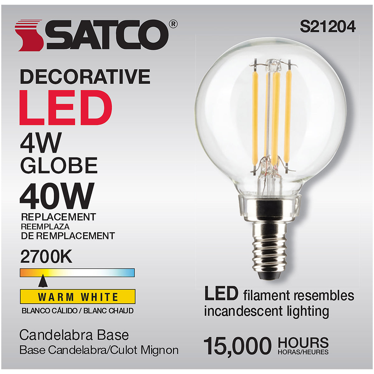 4 Watt G16.5 LED Filament - Clear - Candelabra base - 90 CRI - 2700K - 120 Volt