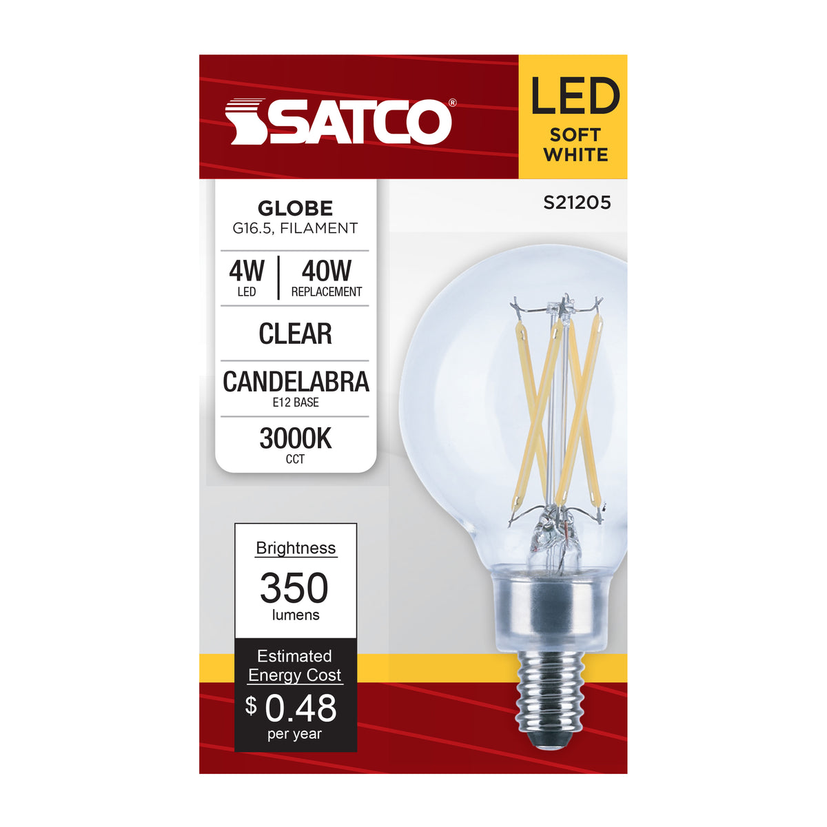 4 Watt G16.5 LED Filament - Clear - Candelabra base - 90 CRI - 3000K - 120 Volt