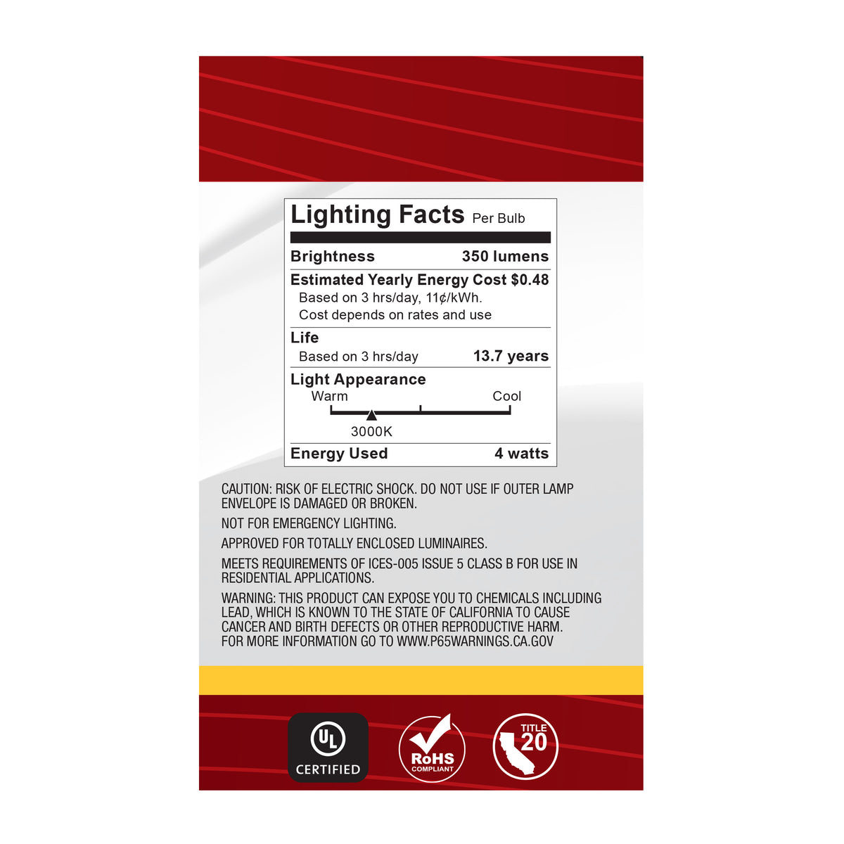 4 Watt G16.5 LED Filament - Clear - Candelabra base - 90 CRI - 3000K - 120 Volt