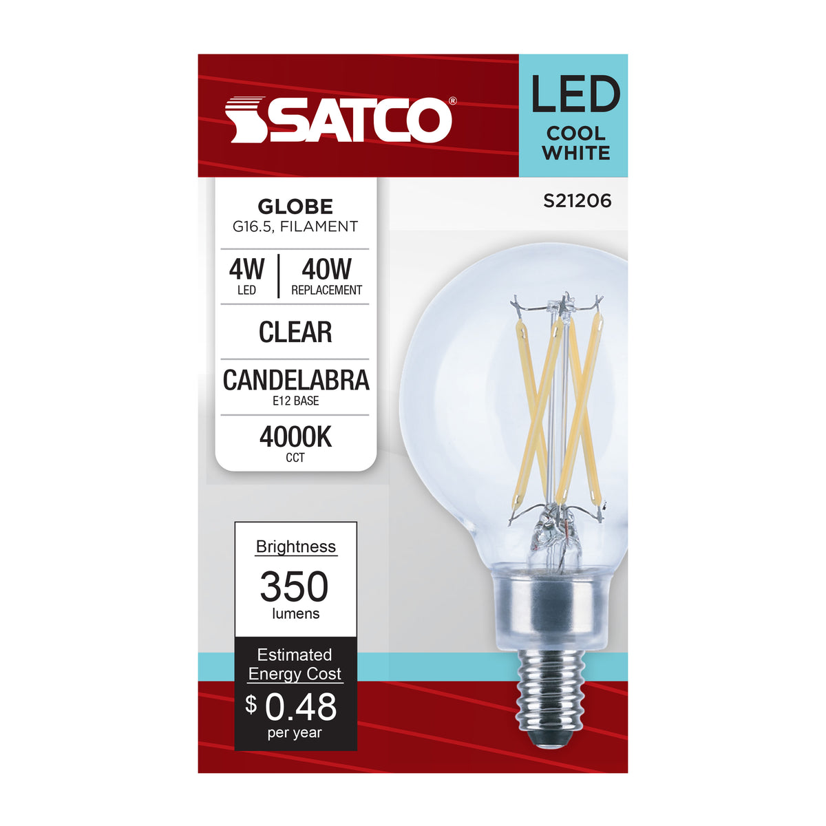 4 Watt G16.5 LED Filament - Clear - Candelabra base - 90 CRI - 4000K - 120 Volt