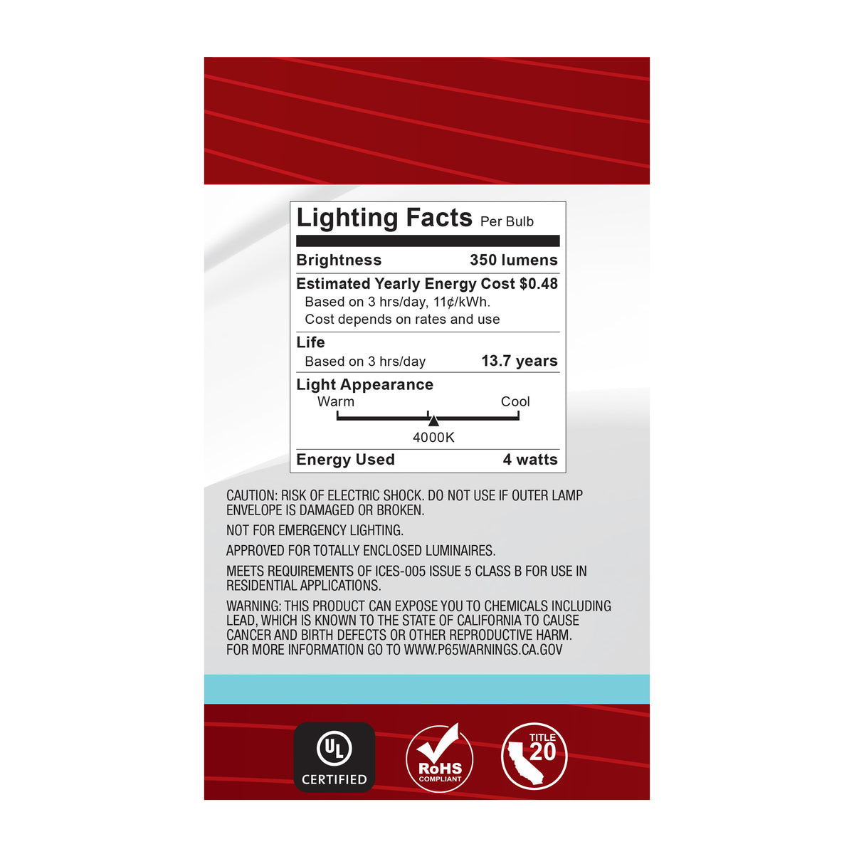 4 Watt G16.5 LED Filament - Clear - Candelabra base - 90 CRI - 4000K - 120 Volt