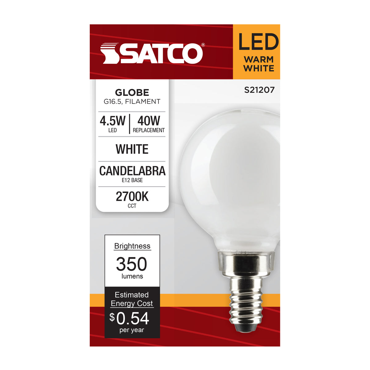 4.5 Watt G16.5 LED Filament - White - Candelabra base - 90 CRI - 2700K - 120 Volt