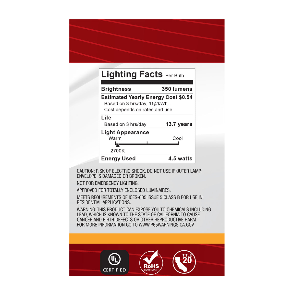 4.5 Watt G16.5 LED Filament - White - Candelabra base - 90 CRI - 2700K - 120 Volt