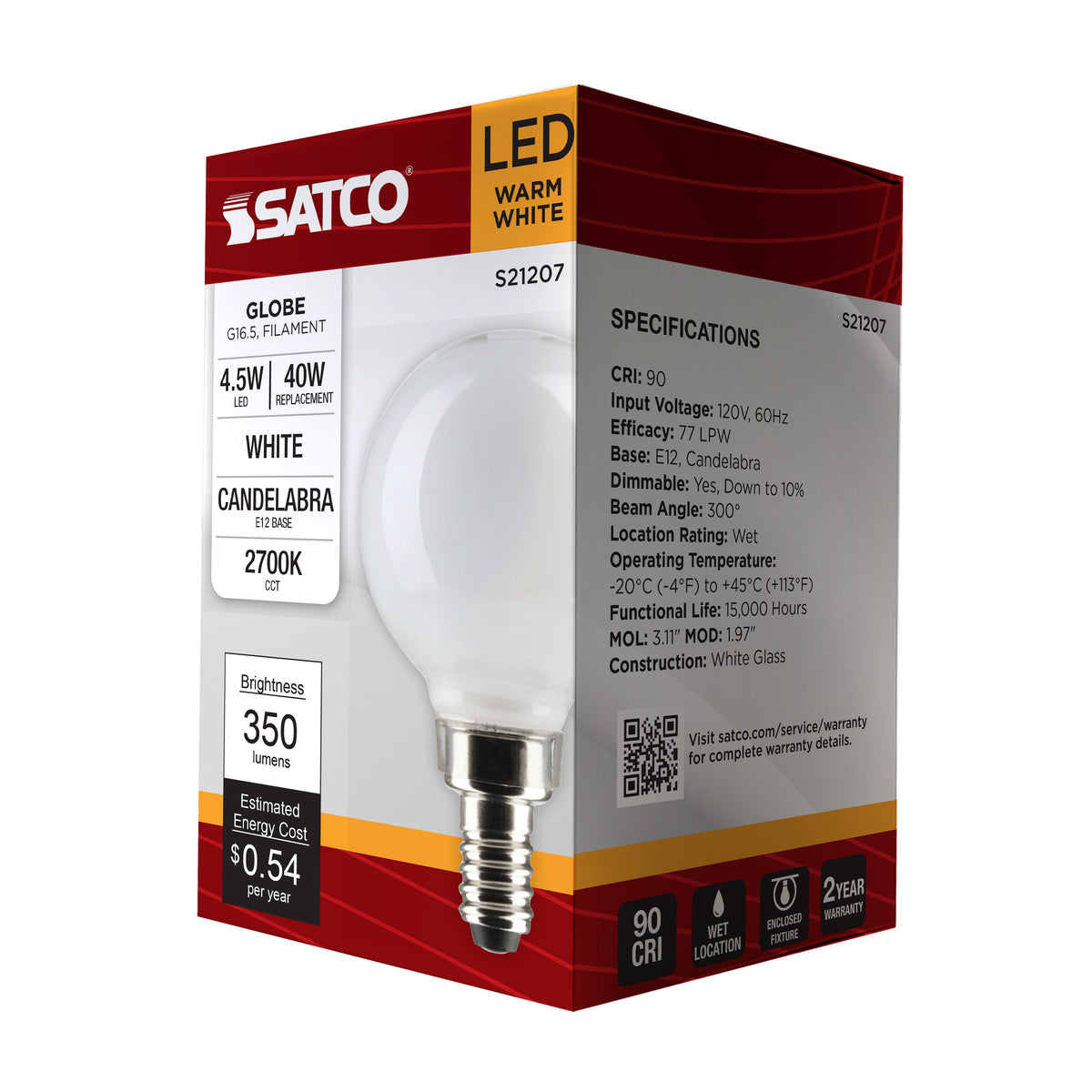 4.5 Watt G16.5 LED Filament - White - Candelabra base - 90 CRI - 2700K - 120 Volt