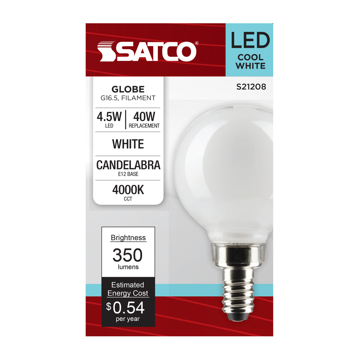 4.5 Watt G16.5 LED Filament - White - Candelabra base - 90 CRI - 4000K - 120 Volt