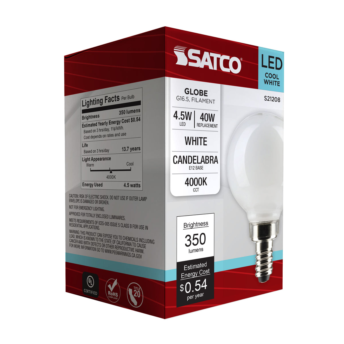 4.5 Watt G16.5 LED Filament - White - Candelabra base - 90 CRI - 4000K - 120 Volt