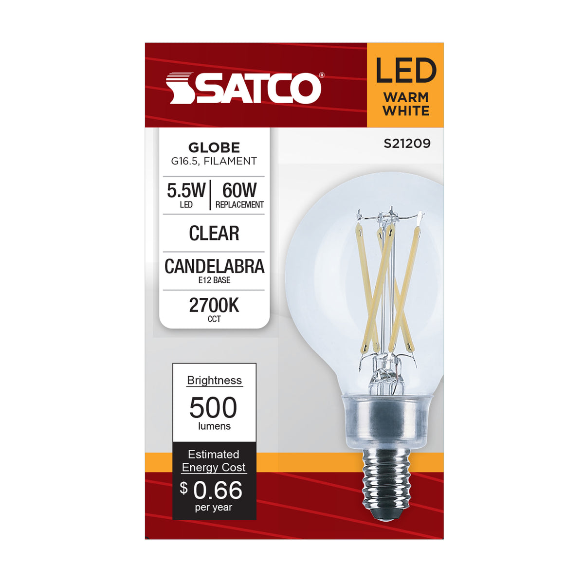 5.5 Watt G16.5 LED Filament - Clear - Candelabra base - 90 CRI - 2700K - 120 Volt