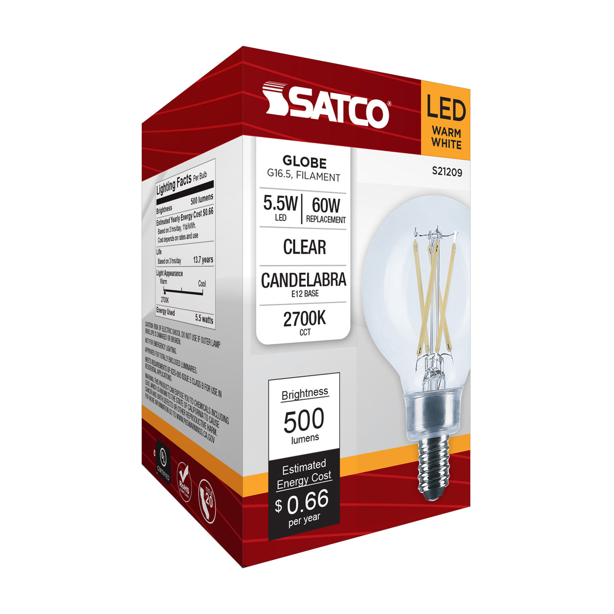 5.5 Watt G16.5 LED Filament - Clear - Candelabra base - 90 CRI - 2700K - 120 Volt
